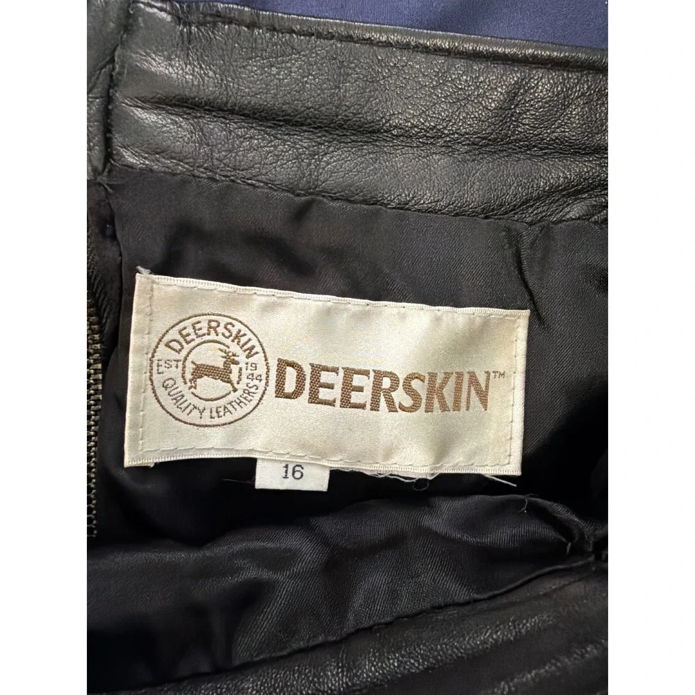 VTG Deerskin Leather Skirt Women Size 16 Black A-Line Midi Pockets Elastic Waist